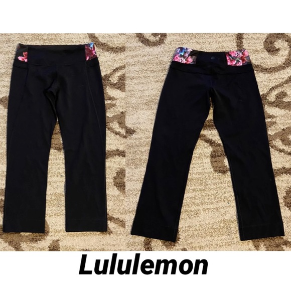 Lululemon Black/Floral Cropped Leggings SZ 4 XS Activewear Yoga Low Rise Y2K - Picture 9 of 15